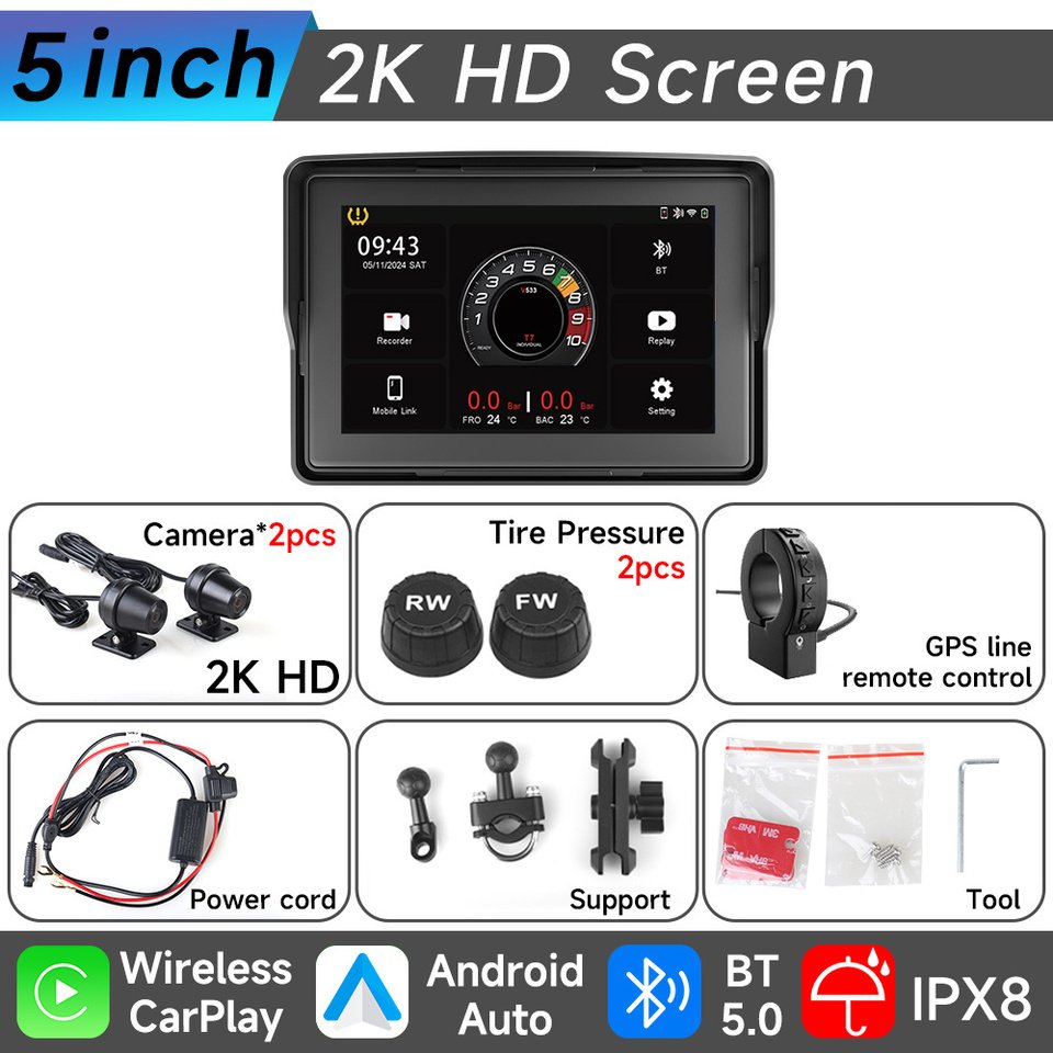 

2K HD видеорегистратор мотоцикл GPS-навигация беспроводной Carplay Android автомобильный плеер IP67 Waterof экран Bluetooth