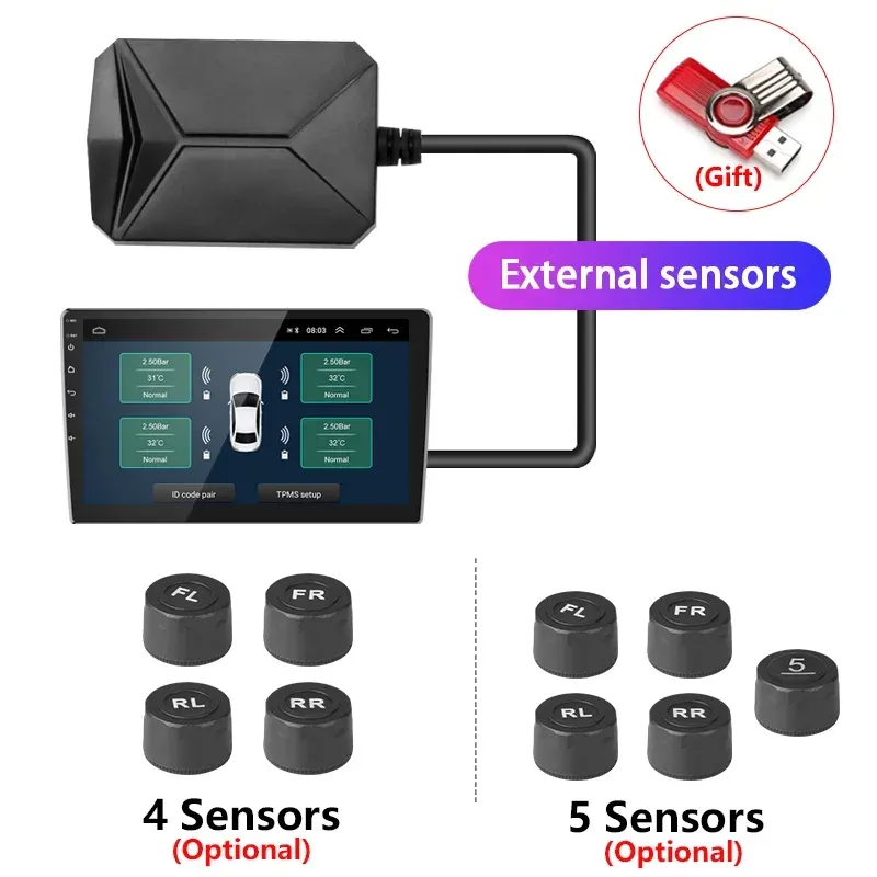 

Srnubi Android TPMS для автомобильного радио DVD-плеер Система контроля давления в шинах Запасная шина Внутренний внешний датчик USB TMPS