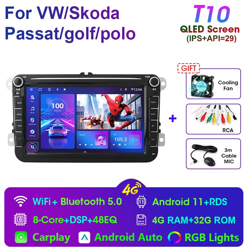 

Для Volkswagen VW Passat CC Tiguan Touran GOLF POLO Skoda Octavia 2 Din Android 11, автомобильный радиоприемник, мультимедийный видеоплеер, Carplay