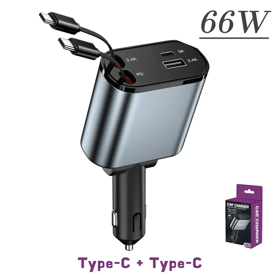 

120/66 Вт 4 в 1, выдвижное автомобильное зарядное устройство, кабель USB PD типа C для мобильного телефона, шнур быстрой зарядки для iPhone, прикуриватель, адаптер QC