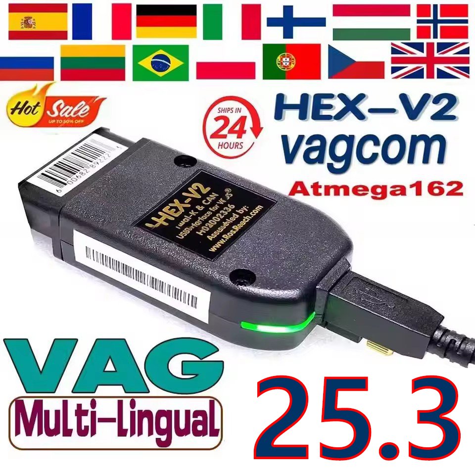 

2025 сканер VAG COM V25.3 HEX V2 USB-интерфейс VCDS CAN для VW AUDI Skoda Seat Unlimited VINs Polish/English Atmega162