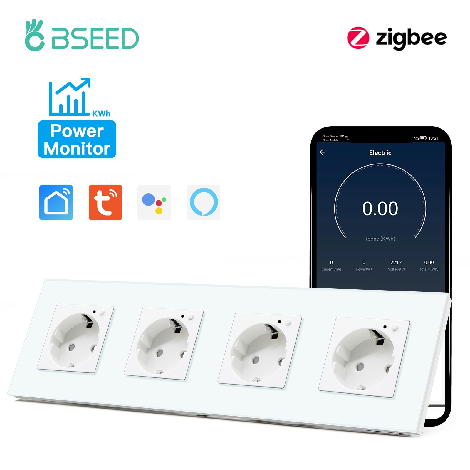 

BSEED EU ZigBee настенные розетки 4-х местные белые