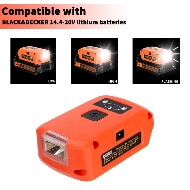 

Адаптер для аккумулятора Black Decker 14,4-20 в, литий-ионный аккумулятор, светодиодный рабочий светильник льник с двойным USB, источник питания постоянного тока 12 В