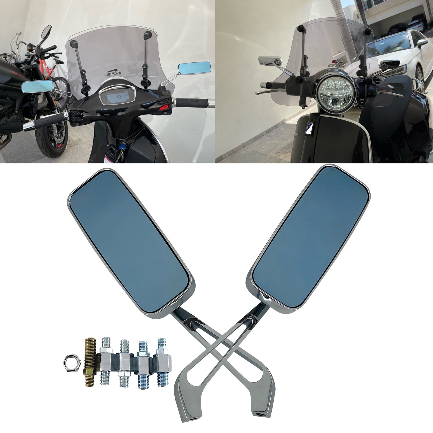 

Универсальное синее боковое зеркало заднего вида, хром, 8 мм, 10 мм, для Harley, Honda, Suzuki, Kawasaki, уличных видов спорта, велосипеда, чоппера, круизера, скутера