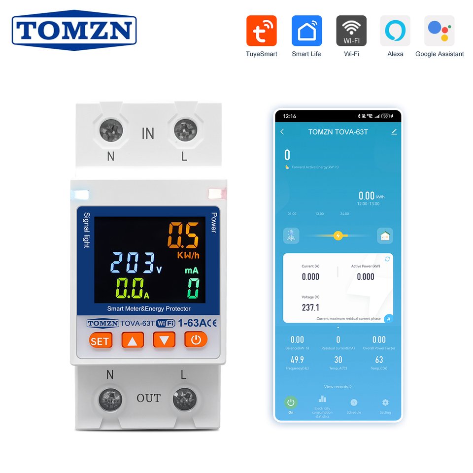 

TOMZN 63A 110-230 В Wi-Fi переключатель smartlife кВтч измерительный автоматический выключатель таймер с защитой от утечки напряжения и тока