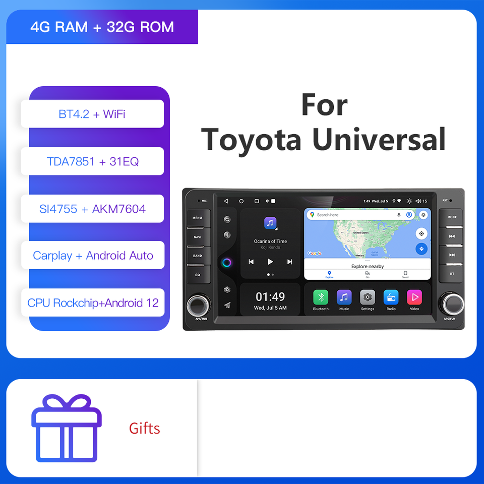 

Универсальный автомобильный радиоприемник Kapud Android 12 для Toyota Rav4/Hilux/Camry/Corolla/Terios/Aqua/Vish 200 мм * 100 мм CarPlay Авто DSP GPS SWC