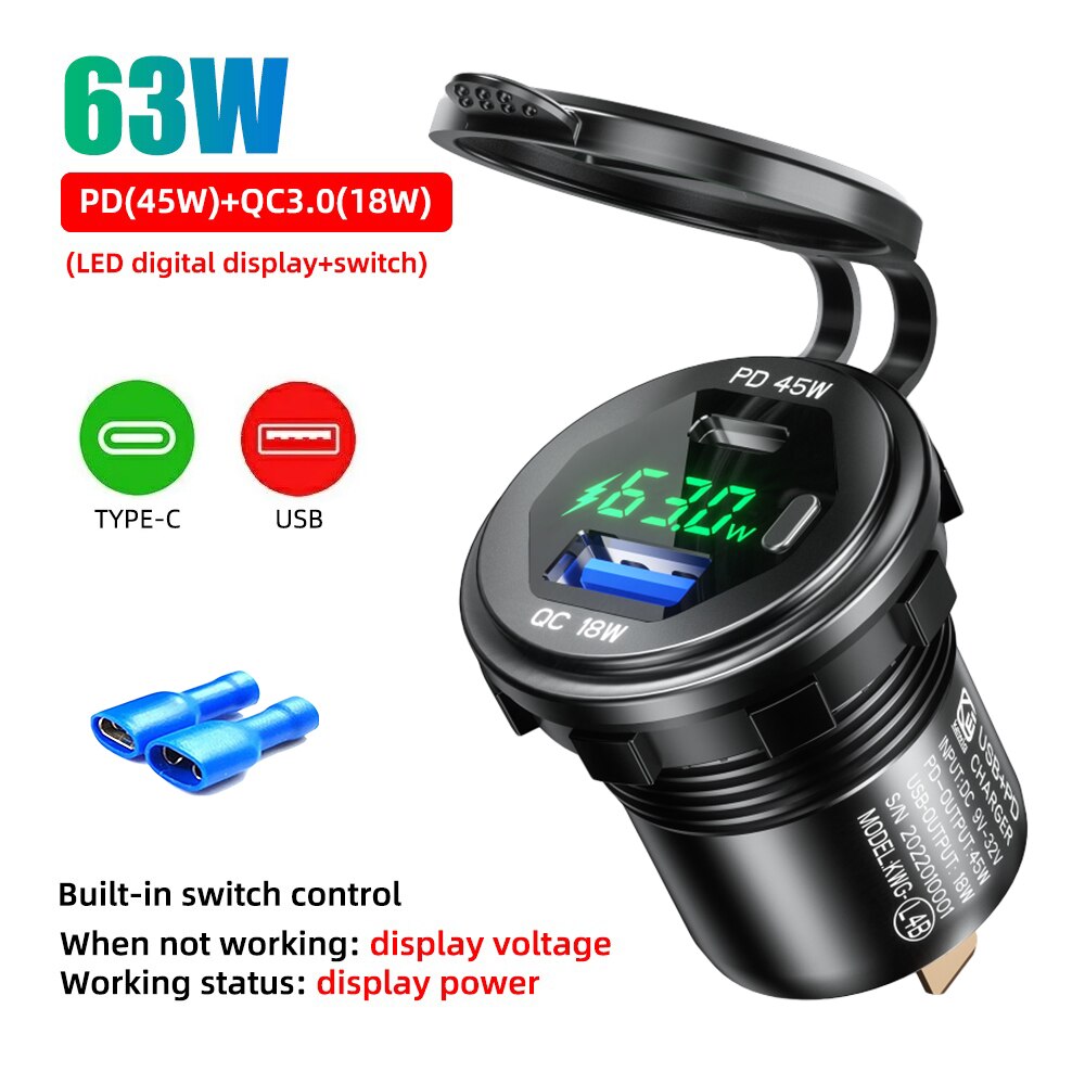 

Алюминиевый 63 Вт PD и QC 3.0 с двумя USB-разъемами для автомобильного зарядного устройства, адаптер питания 12 В/24 В, адаптер для зарядки, водонепроницаемые порта быстрой зарядки