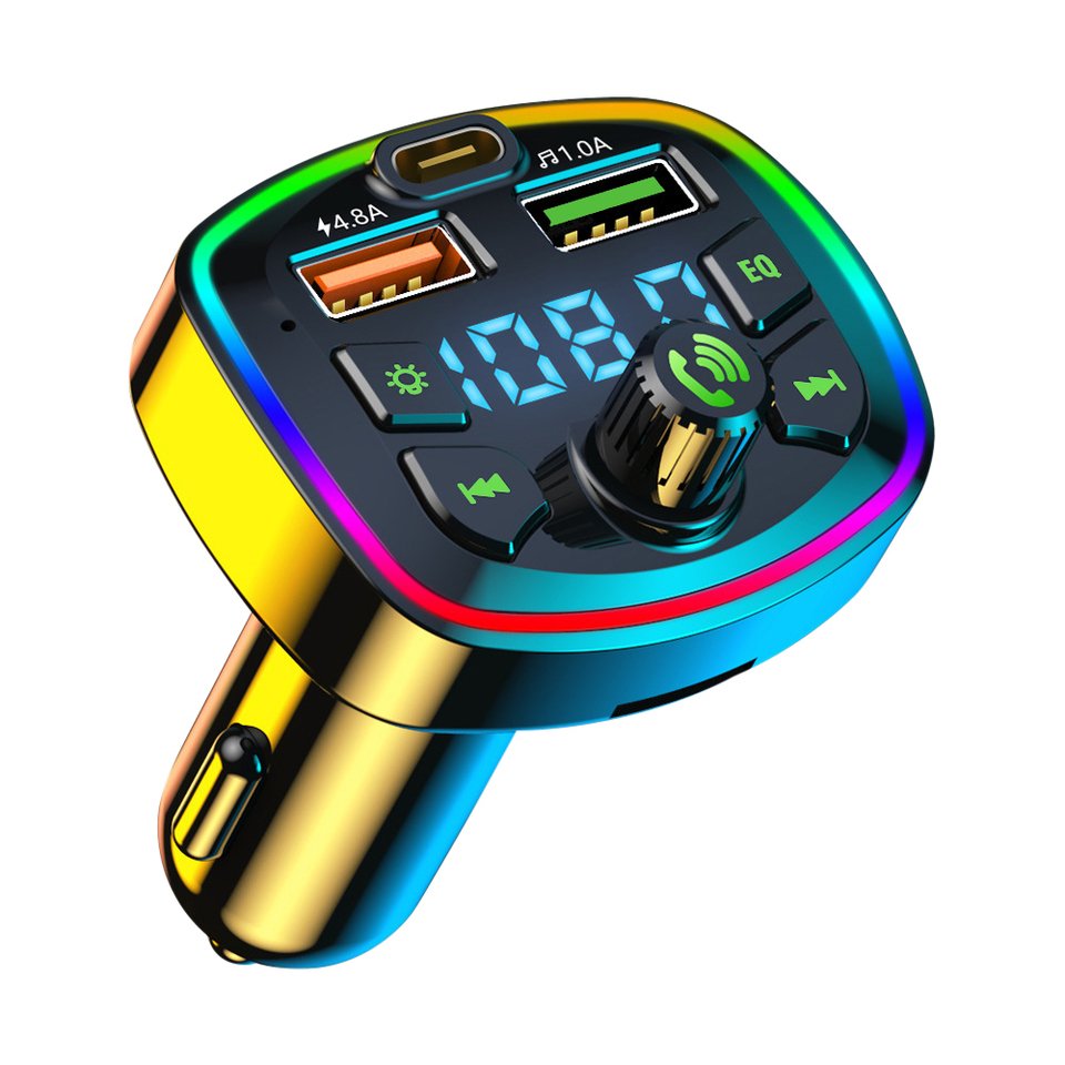 

Автомобильный Bluetooth-совместимый FM-передатчик 5.0 PD 18 Вт Type-C, двойное USB-быстрое зарядное устройство, красочный окружающий свет, прикуриватель