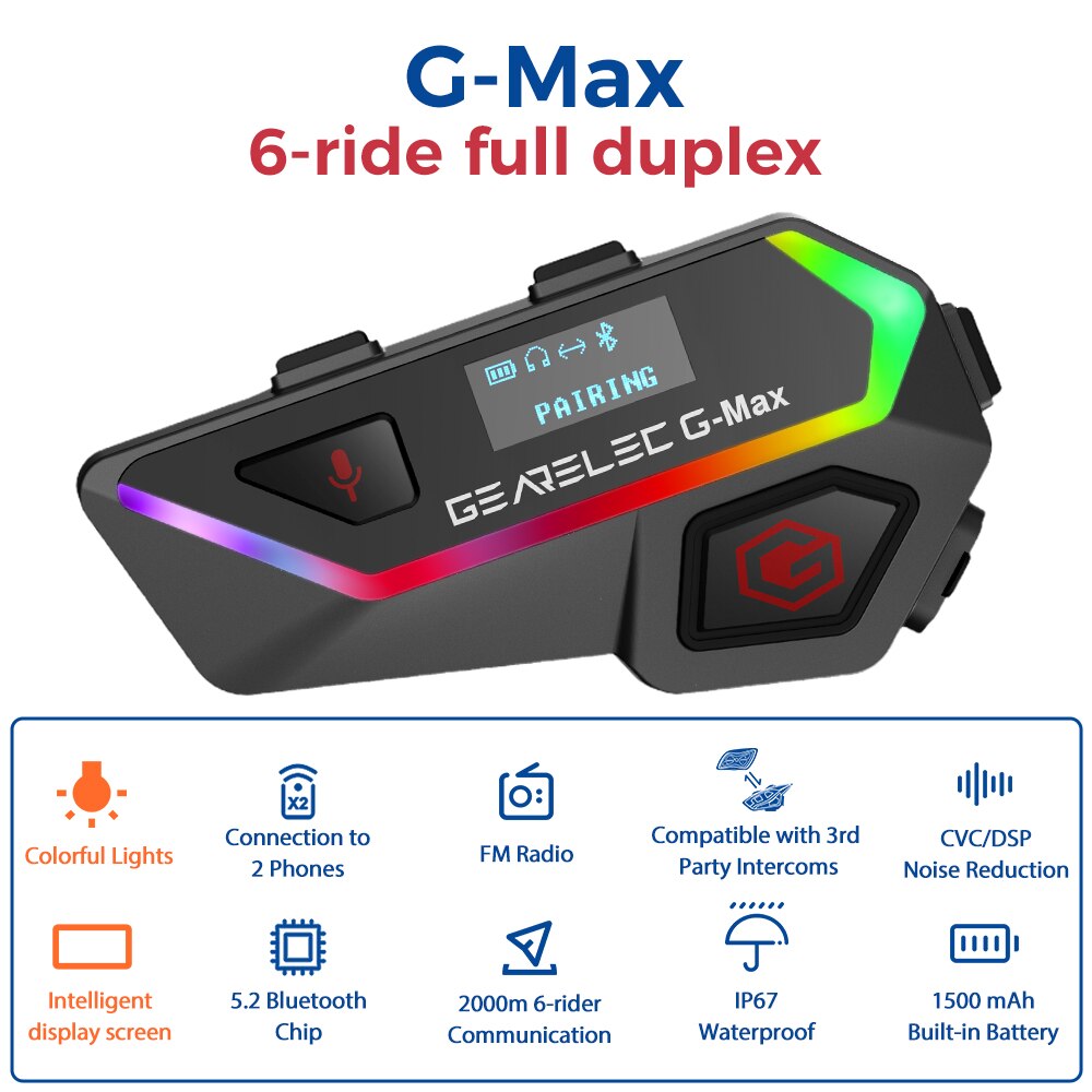 

GEARELEC G-Max Мотоциклетный шлем Домофон 6-Rider 2KM Связь, наушники для мотоциклетного домофона, интеллектуальный дисплей, беговые огни