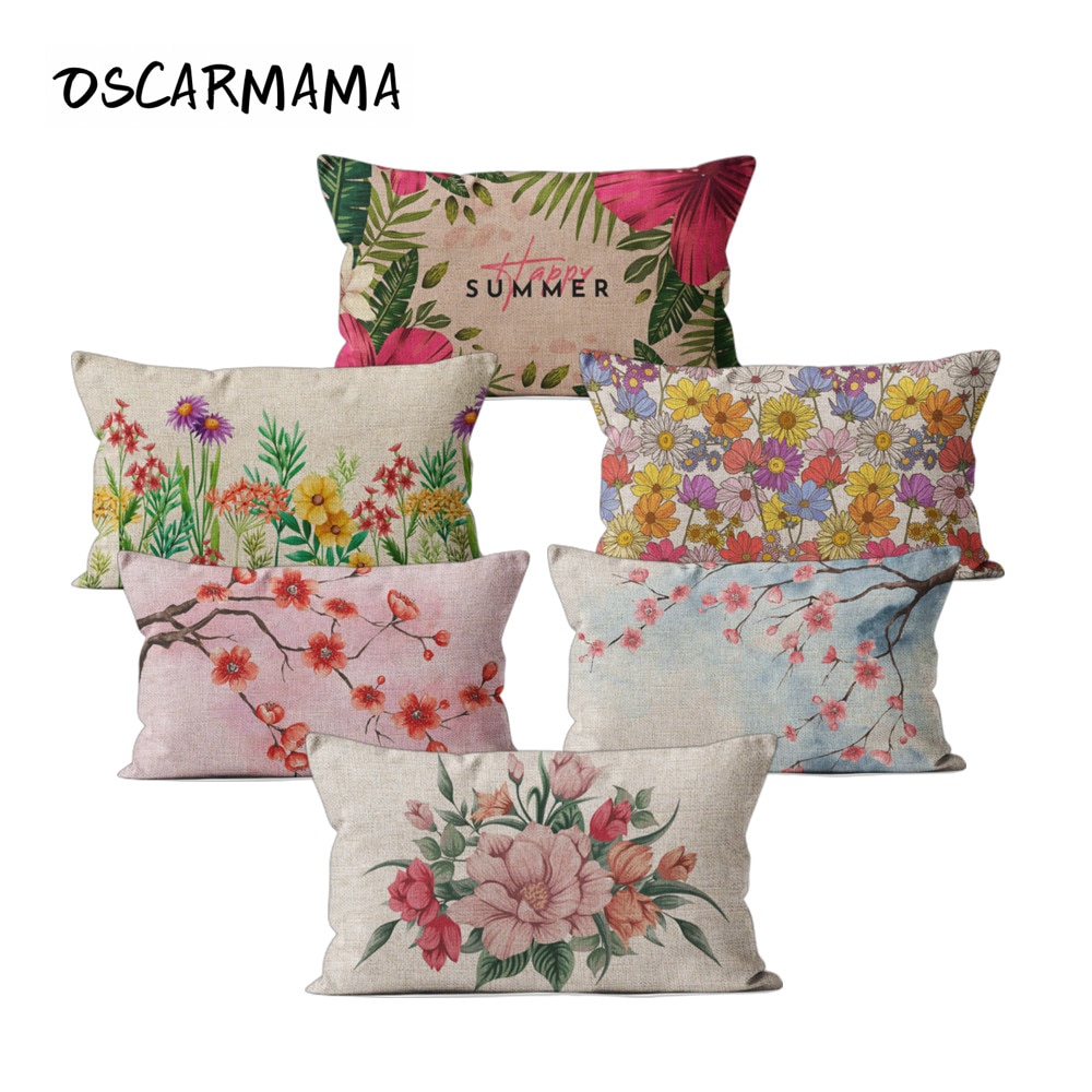 

Льняный чехол для диванной подушки с цветочным принтом, бежевый Housse Coussin