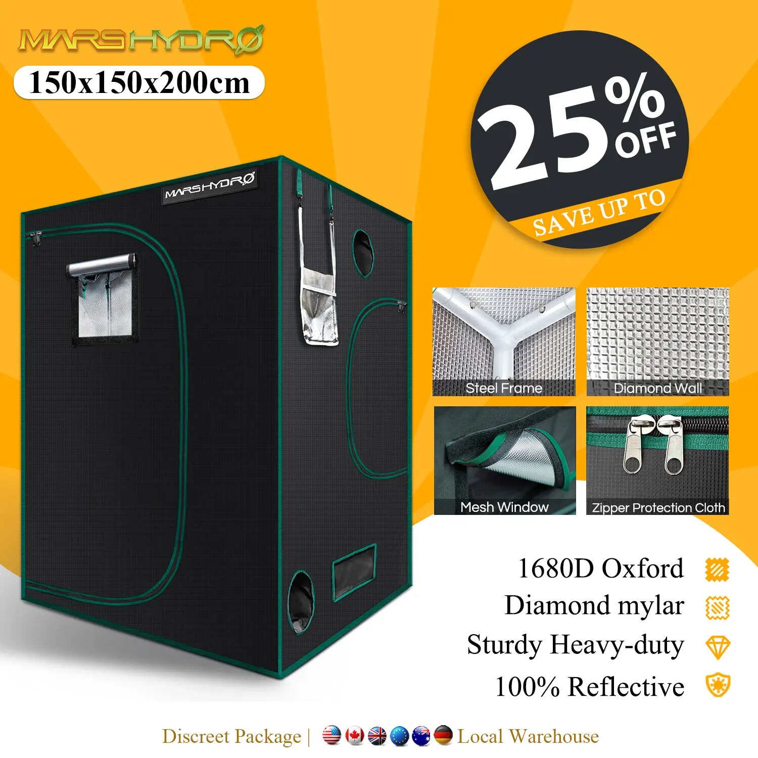 

Mars Hydro150X150X200cm палатка для выращивания 1680D водонепроницаемый нетоксичный светоотражающий материал внутренней системы растений комнатный сад
