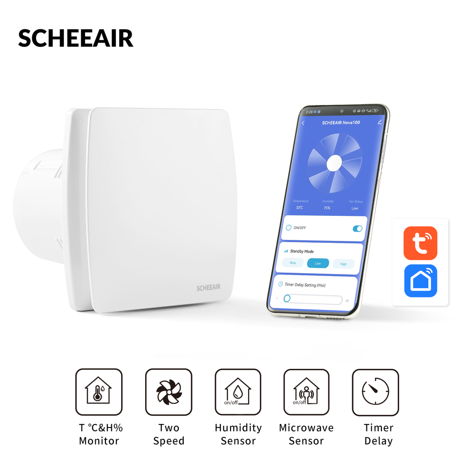 

SCHEEAIR 4 дюйма 100 мм Tuya Smart Life WIFI вытяжной вентилятор для ванной комнаты Nova100 с датчиком влажности, датчик движения, таймер