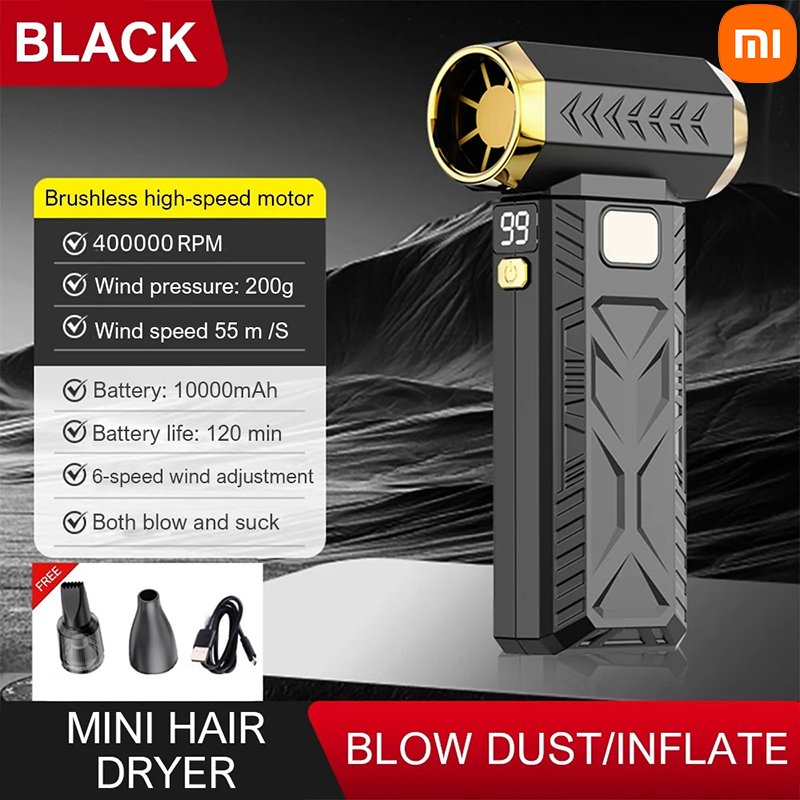 

Xiaomi Violent Fan 1000000 об/мин Мощный воздуходувка Вакуумный пылесос Зарядка Сильный ветер 55 м/с Бесщеточный турбоструйный вентилятор Сухой