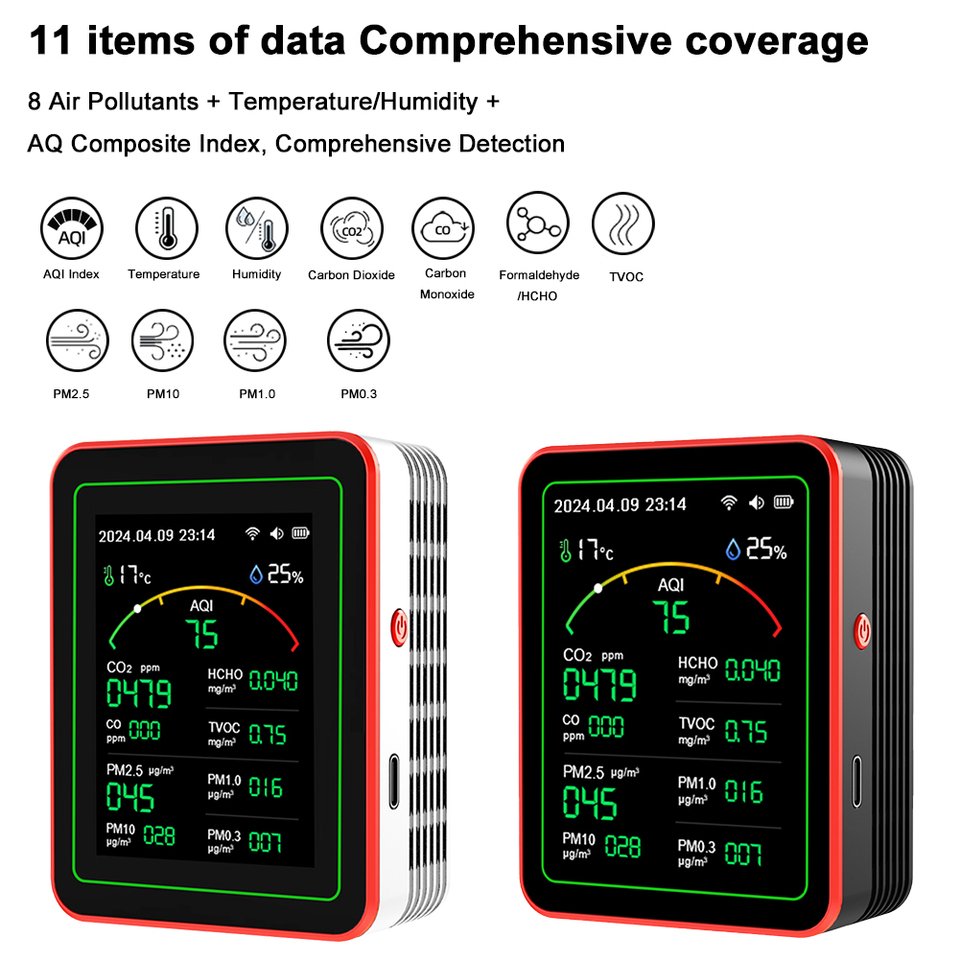 

Портативный тестер Wi-Fi 15 в 1, тестер AQI PM0.3 PM1.0 PM2.5 PM10, TFT дисплей, бытовой тестер CO CO2 TVOC HCHO, приложение управления детектором CO2