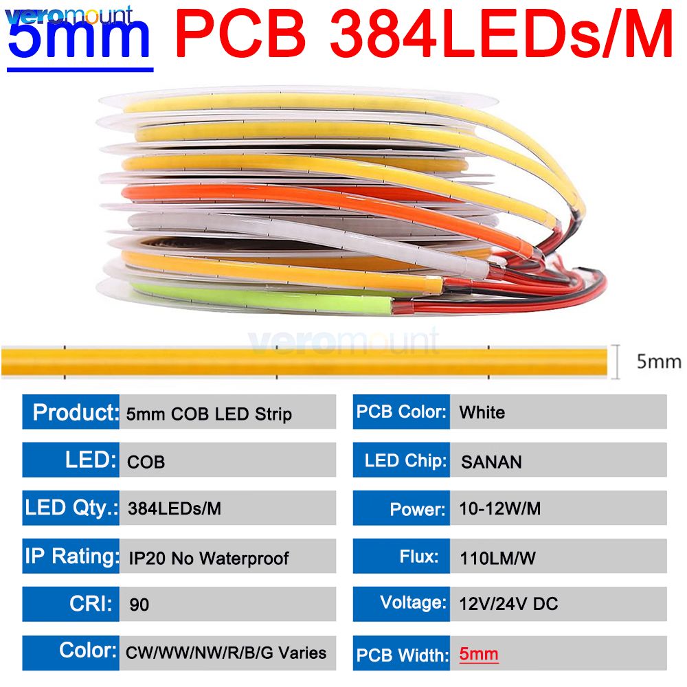 

COB светодиодная лента Veromount 5м 12В/24В 320/384/480/528 LED/м IP20