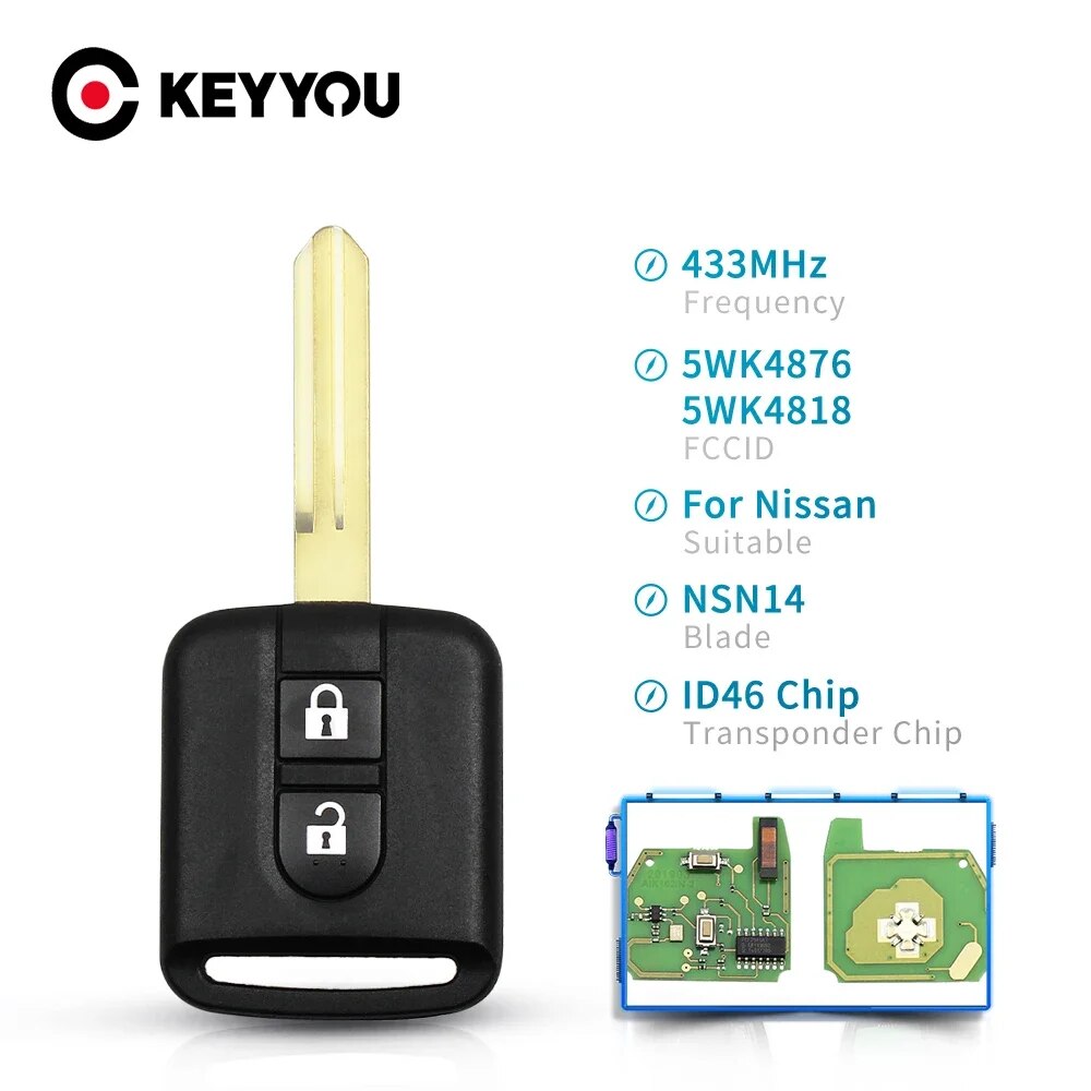 

Брелок KEYYOU 5WK4 876/ 818 433 МГц ID46 для Nissan Elgrand X-TRAIL Qashqai Navara Micra Note NV200 с 2 кнопками