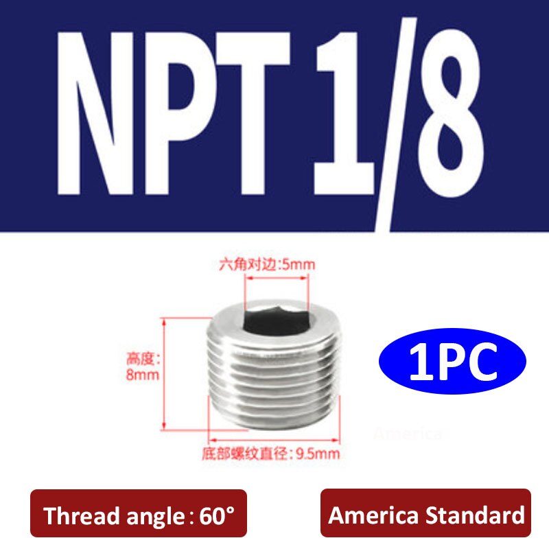 

1PC 304 Stainless Steel DIN906 Inner Hexagon Socket External Screw Plug America Conical Pipe Thread NPT1/16 1/8 1/4 3/8 1/2 3/4