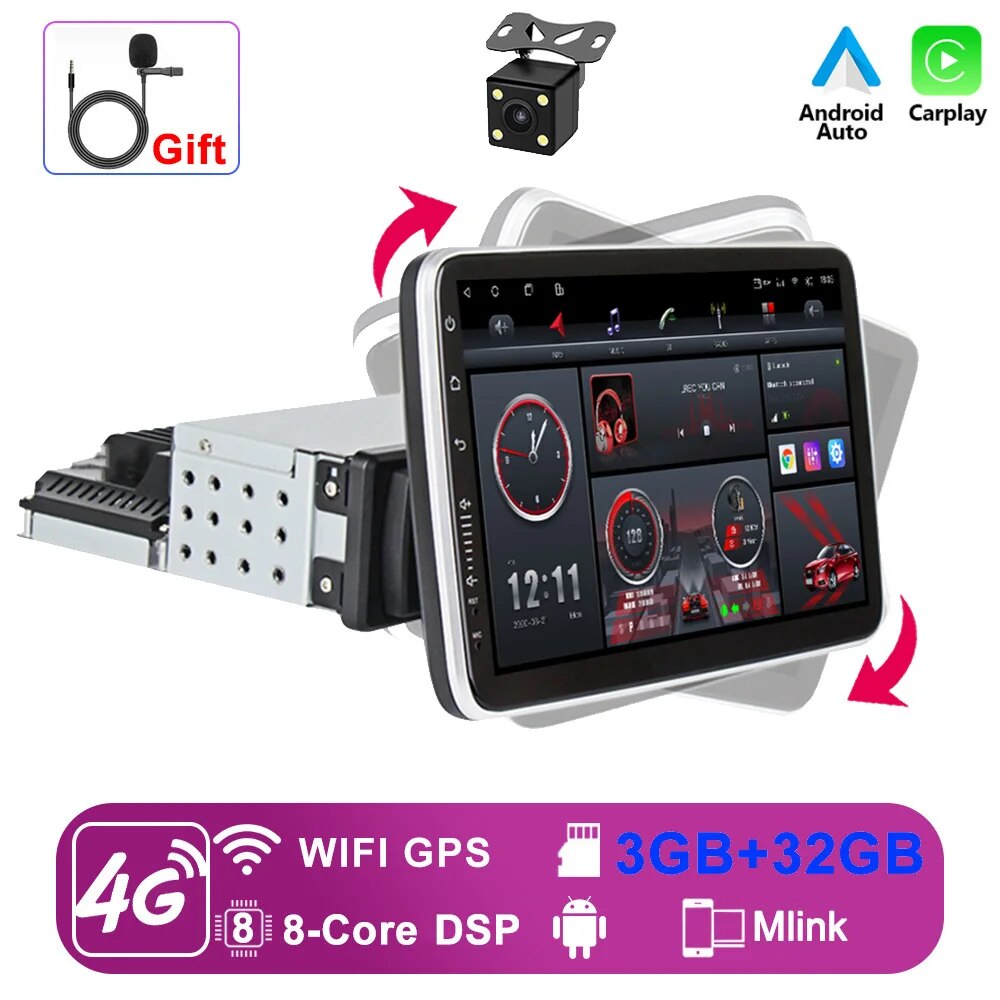 

X-REAKO Универсальный 1 Din GPS автомобильный стерео радио 9 ''Android 12 мультимедийный плеер Carplay Android-auto 4G 8Core RDS 360 Поворотный