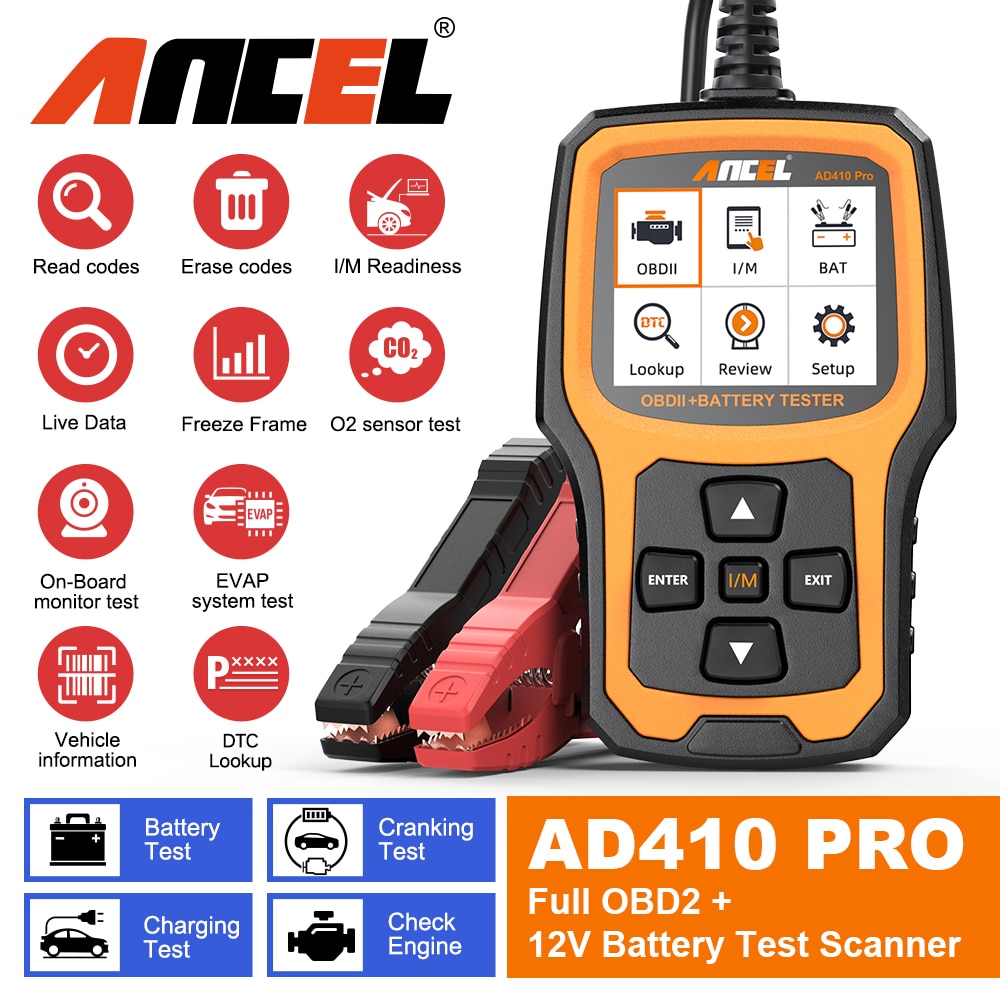 

Считыватель кодов ANCEL AD410 PRO + тестер аккумулятора, диагностический двигатель с полной функцией OBD2, Автомобильные диагностические инструменты