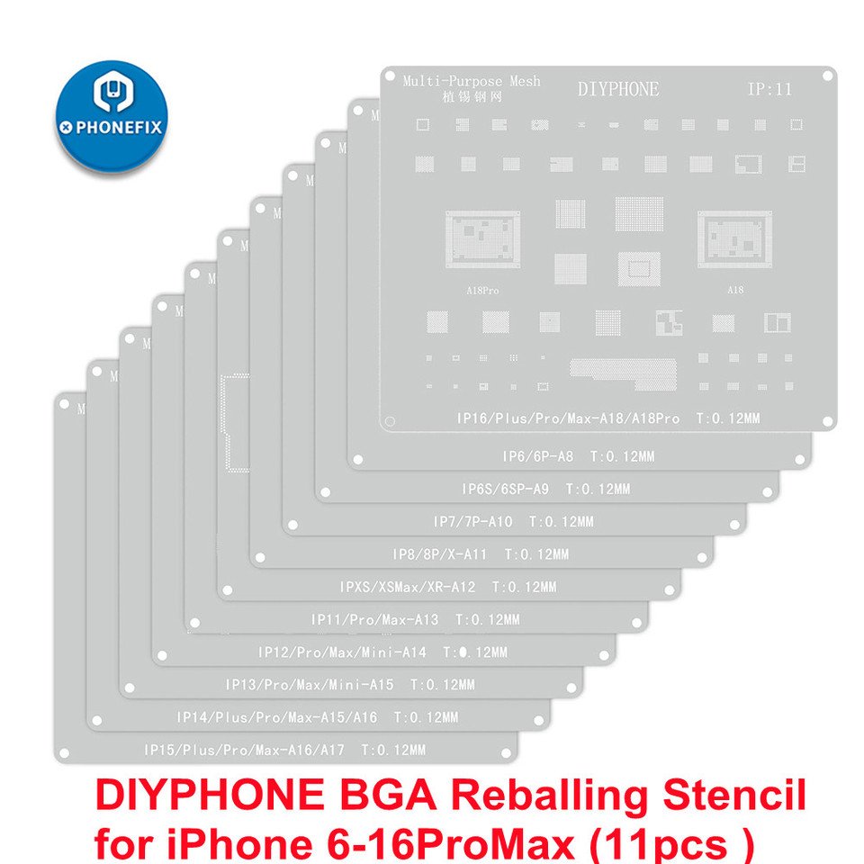 

Трафареты для реболлинга DIYPHONE BGA для iPhone 16, 16 Plus, 15, 14 Pro, 13 13 mini 12 11 Pro Max, микросхема процессора, оловянная сетка для пайки посадки
