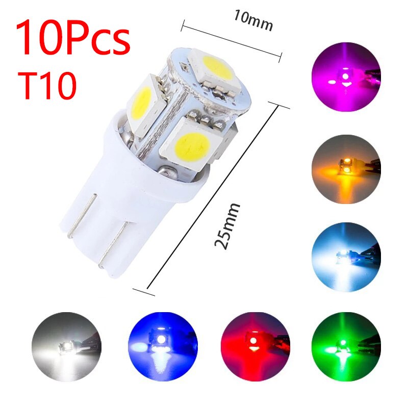 

YND 10 шт. T10 LED W5W 5050 5SMD автомобильный внутренний свет лампа номерного знака Поворотные лампы 5w5 t10 белый красный желтый зеленый розовый синий 12 В