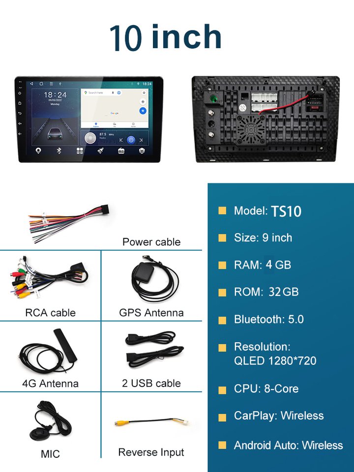 

Автомобильная Мультимедийная система 1DIN, android 13 TS10 QLED 1280, 9/10 дюймов