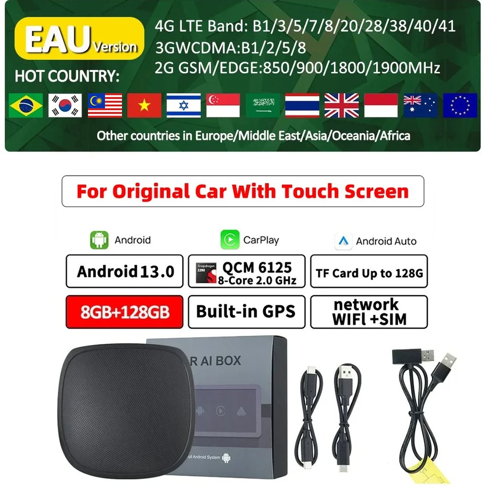 

CarAiBOX CarPlay Ai Box Qualcomm 6125 8-ядерный процессор Android 13.0 беспроводной CarPlay Android auto для OEM автомобиля встроенный проводной CarPlay