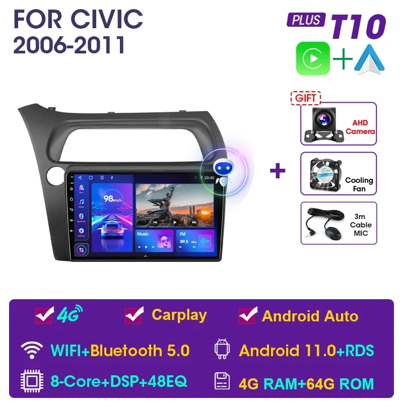 

Автомагнитола JMCQ, 2Din, Android 11, мультимедийный видеоплеер для Honda Civic Hatchback 2006-2011, Carplay, 2 din, dvd, головное устройство