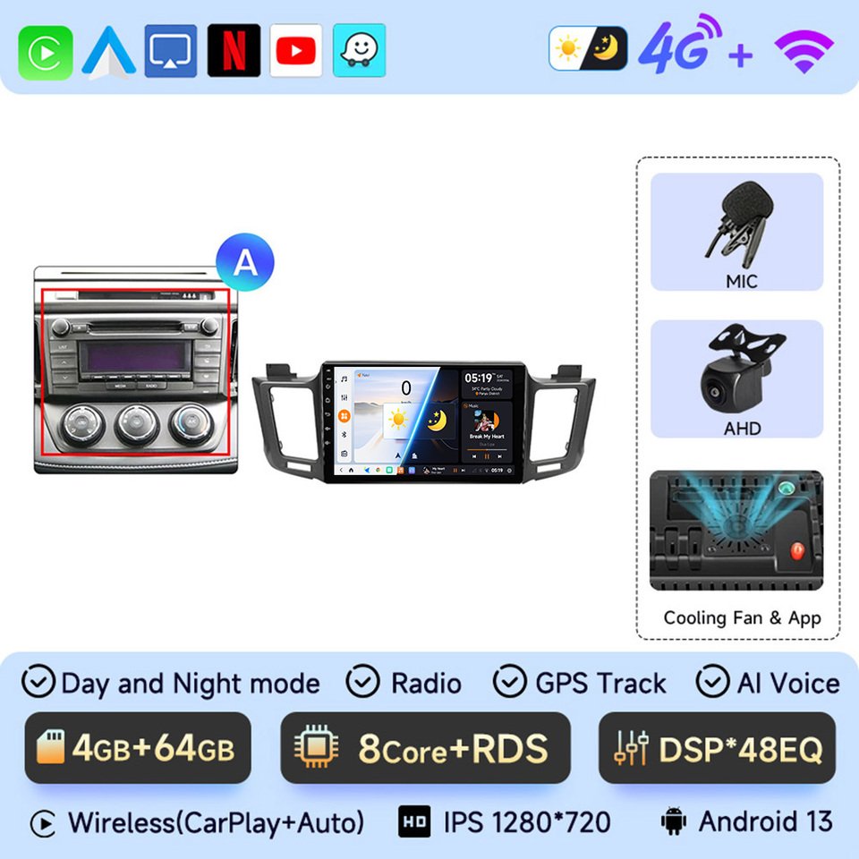 

10,1-дюймовый автомобильный радиоприемник Android 13 для Toyota RAV4 RAV 4 2013 2014 2015 2016 2017, мультимедийный плеер, 4G Carplay, GPS, стерео головное устройство