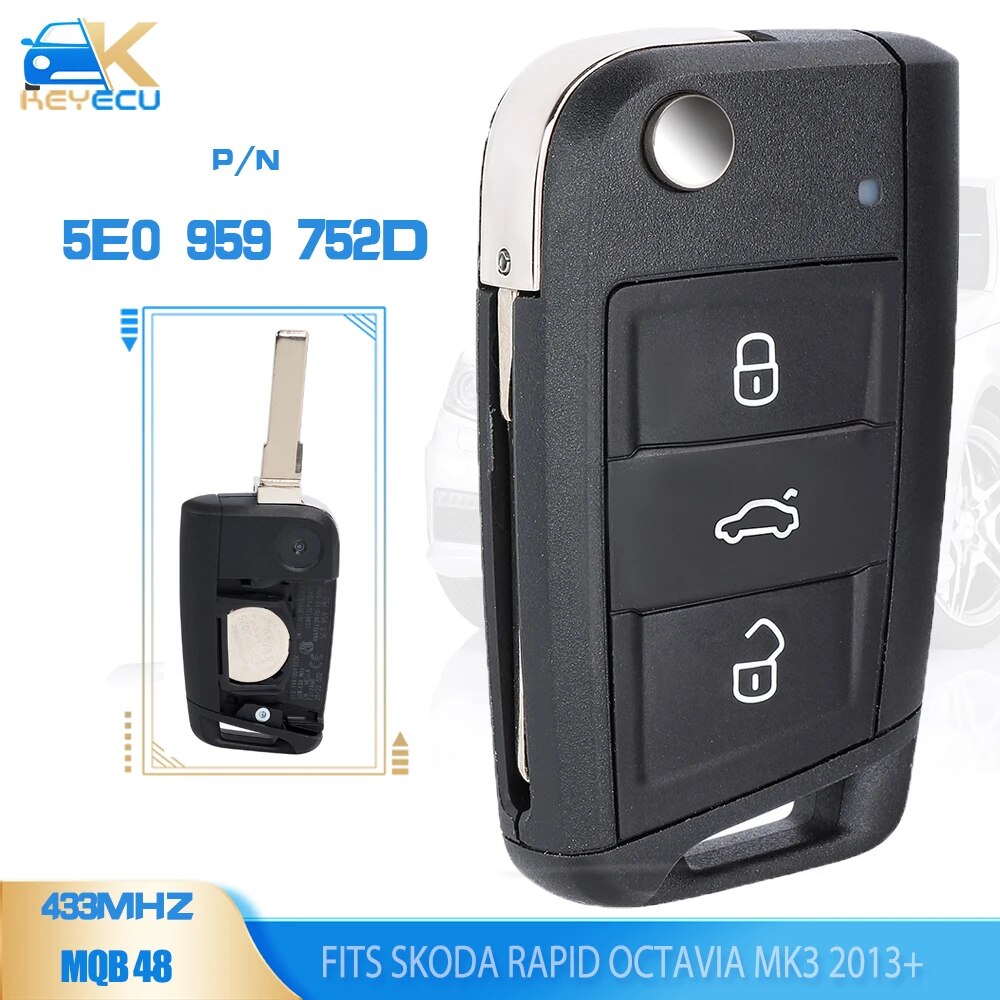 

KEYECU 5E0 959 753 D / 5E0 959 752 434MHz MQB 48 3 кнопочный флип-брелок для дистанционного ключа для Skoda Октавия Рапид MK3 2013 +