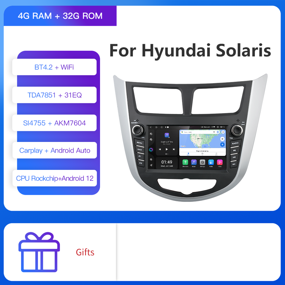 

Мультимедийная магнитола Kapud на Android 12 для Hyundai Solaris, Accent 2010-2016, CarPlay, GPS, BT