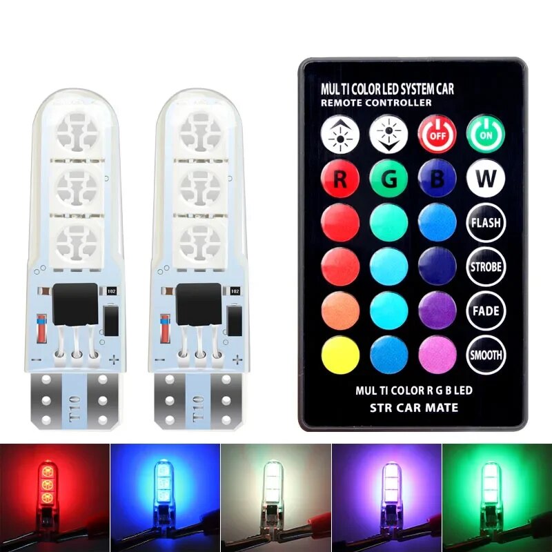 

1 пара автомобильных светодиодных широких светильников, силиконовый T10 RGB 5050 6SMD, высокая яркость, 7 цветов, с пультом дистанционного управления, 12 В, мигающие маленькие огни